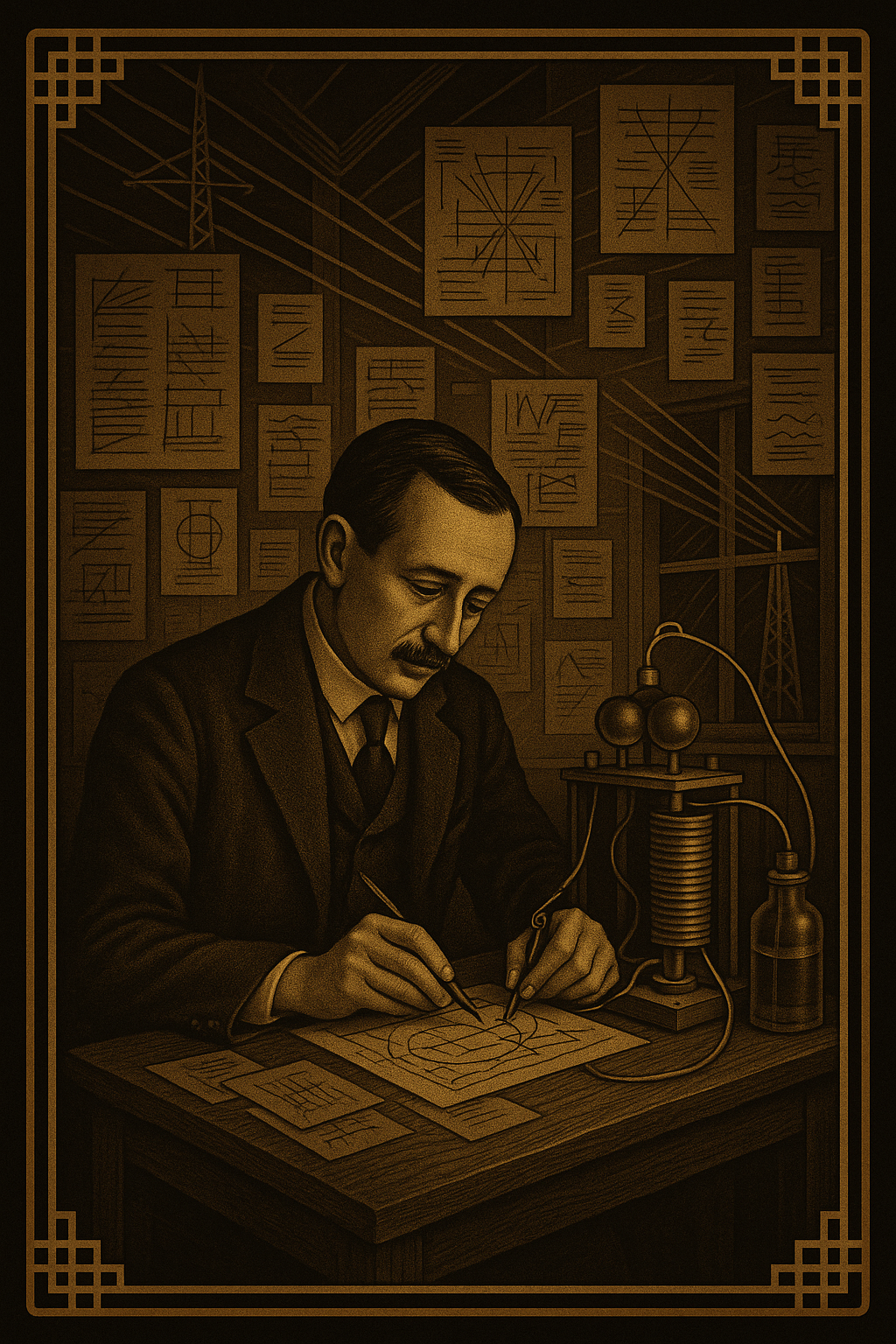 Retro-style illustration of Guglielmo Marconi transmitting radio signal