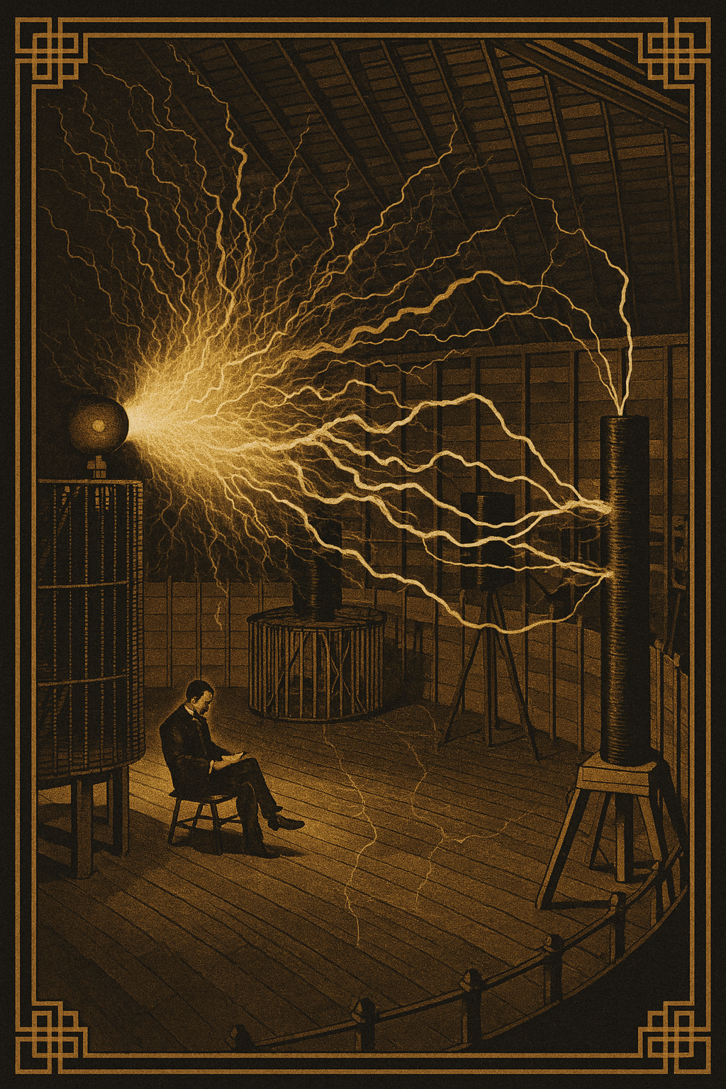 Retro-style illustration of Nikola Tesla at his Colorado Springs labatory