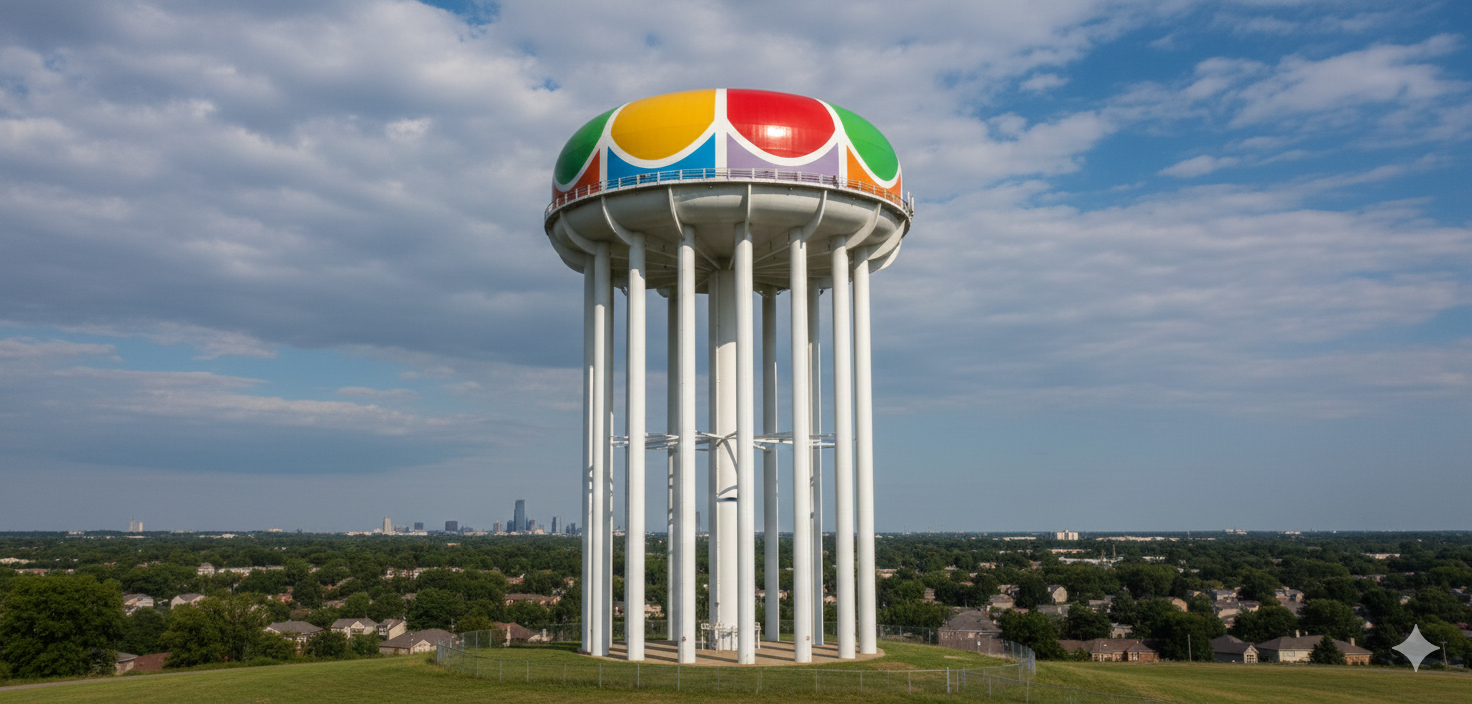 Multicoloured water tower on long white supports overlooking houses.