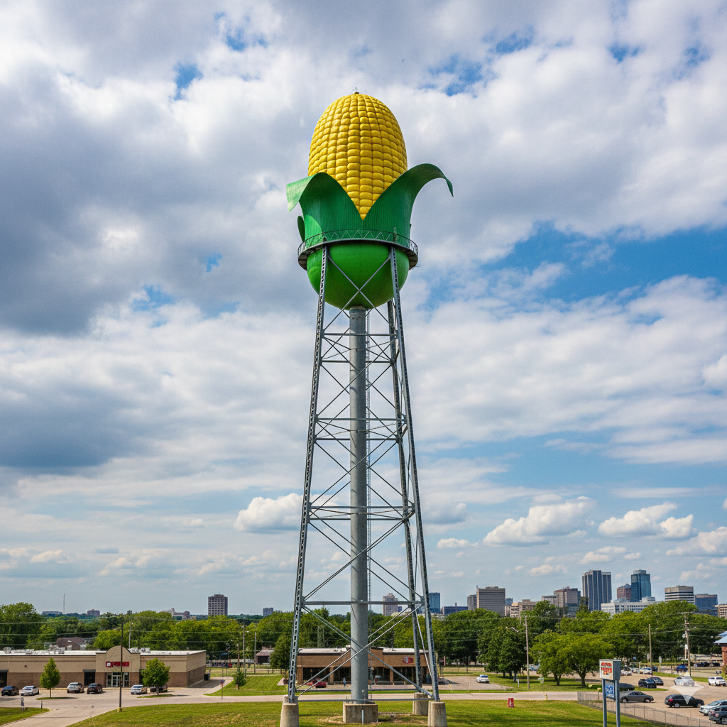 Giant corn cob water tower on metal legs overlooking buildings.