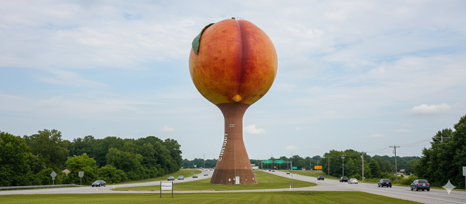 Georgia peach water tower next to cars on the highway.