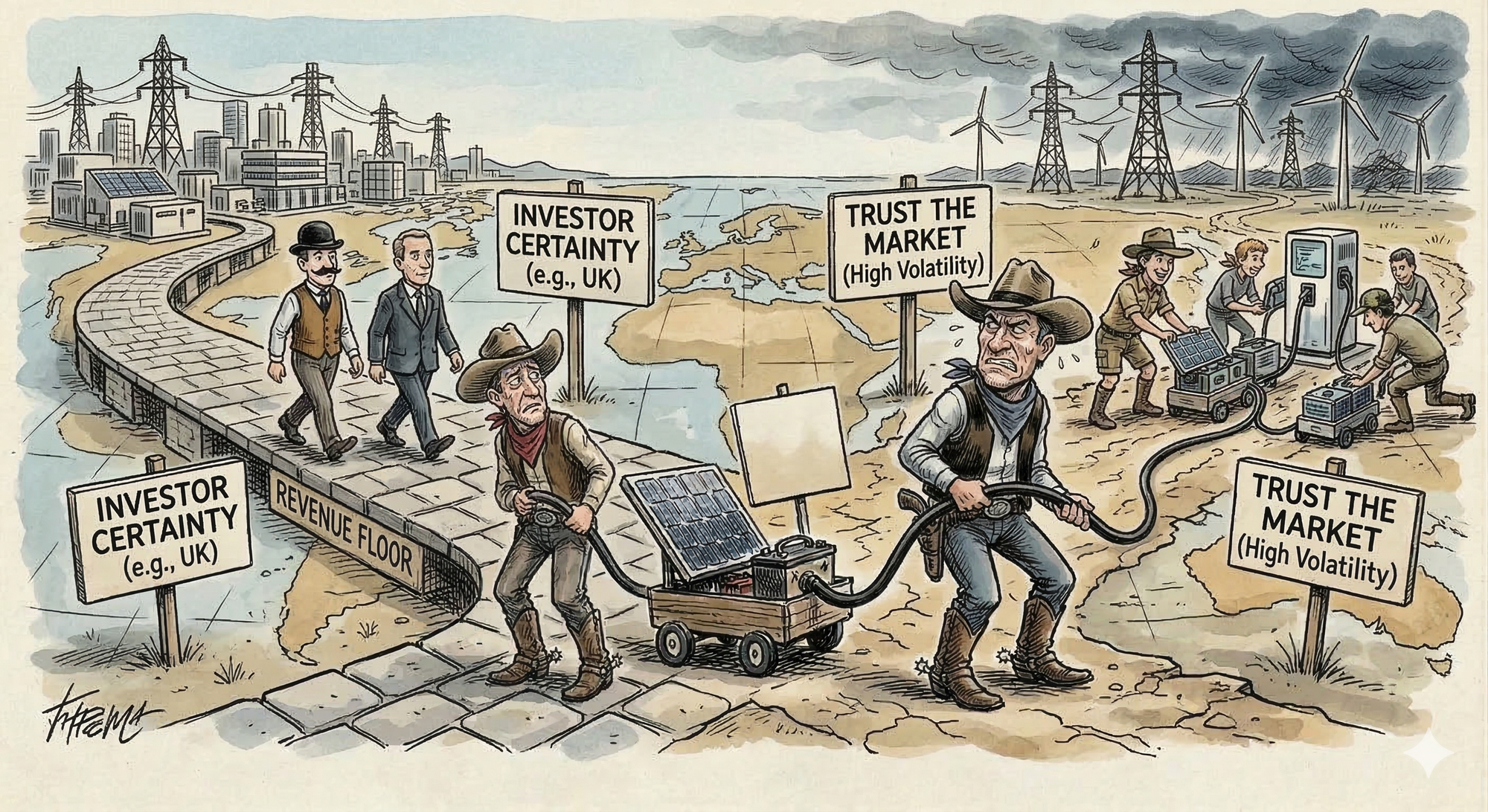 Editorial cartoon comparing the stable UK "Investor Certainty" energy model with the volatile Texas "Trust the Market" model, featuring cowboys hauling a solar cart through a desert.