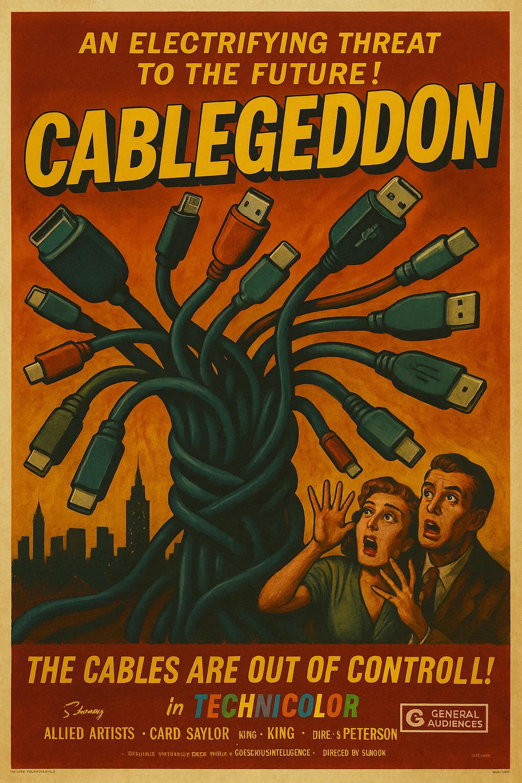 Cinematic ilustration of tangled, random phone and laptop charging cables, symbolizing pre-USB-C chaos