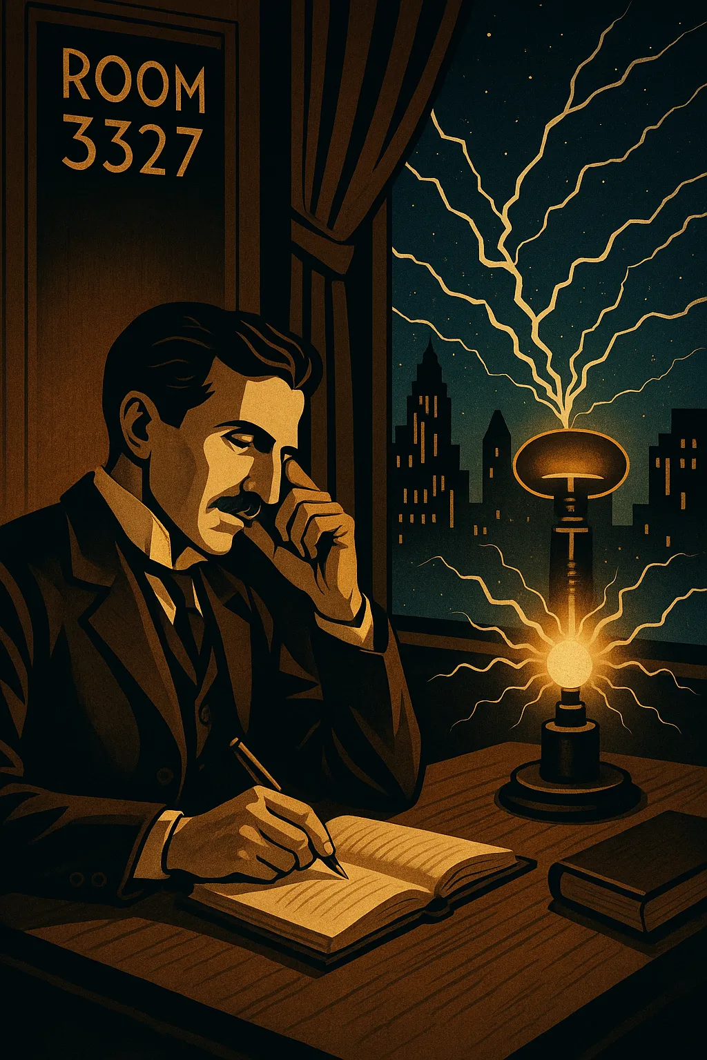 Retro-style illustration of Nikola Tesla at his workbench surrounded by sketches and early experiments on wireless power