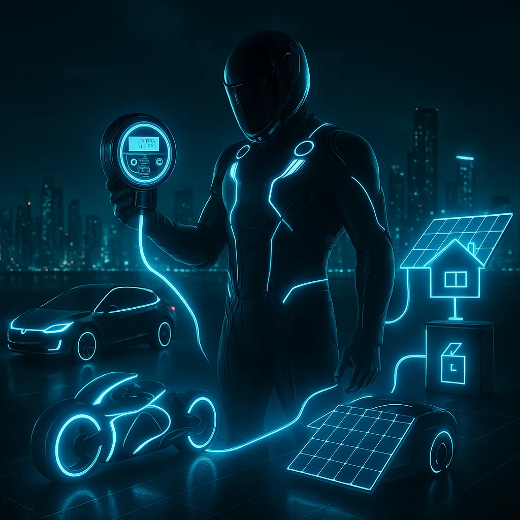 Tron-style illustration of a smart electricity meter connected to EV, solar, battery and thermostat, showing grid orchestration.