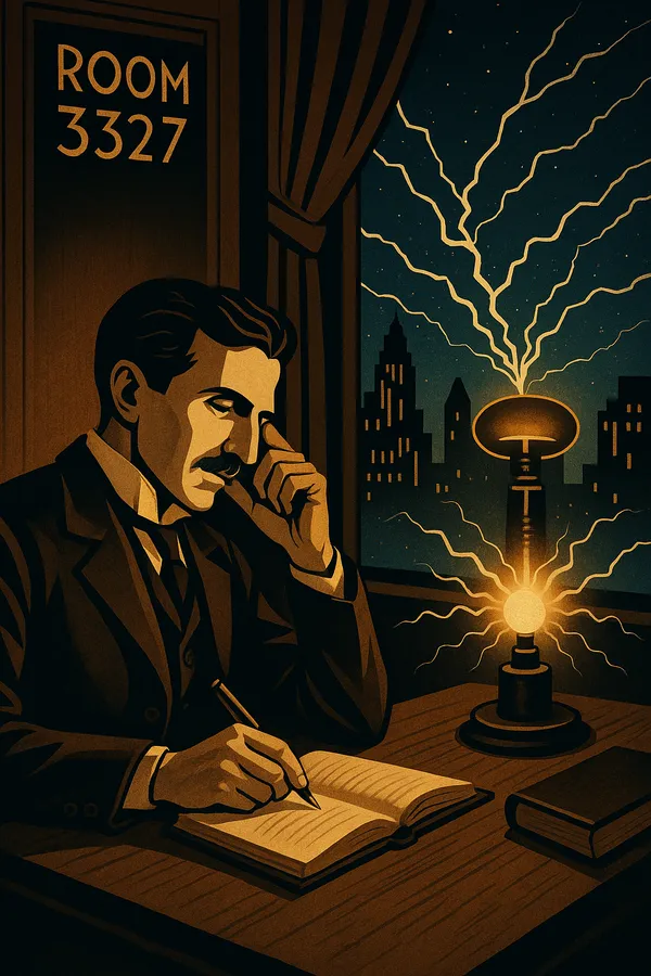 Retro-style illustration of Nikola Tesla at his workbench surrounded by sketches and early experiments on wireless power