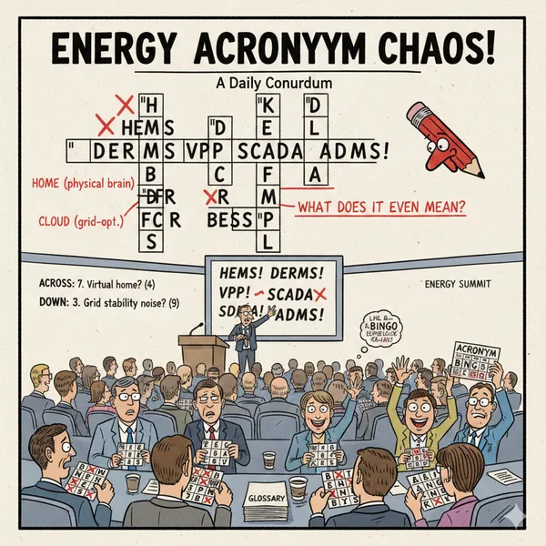 Satirical cartoon of an energy conference where attendees play acronym bingo as slides reference HEMS, DERMS, VPP, SCADA, and ADMS.