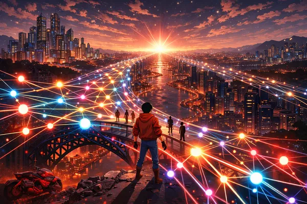 Futuristic cityscape connected by glowing network lines symbolizing the power of weak ties and social connections