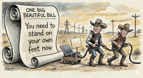 Editorial cartoon of Texas cowboys struggling with solar and battery cables beside a giant “One Big Beautiful Bill” document.