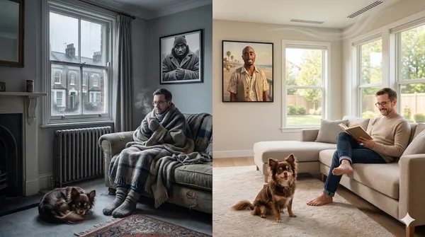 Split image showing a cold UK home with a radiator versus a comfortable US home with ducted heat pump airflow